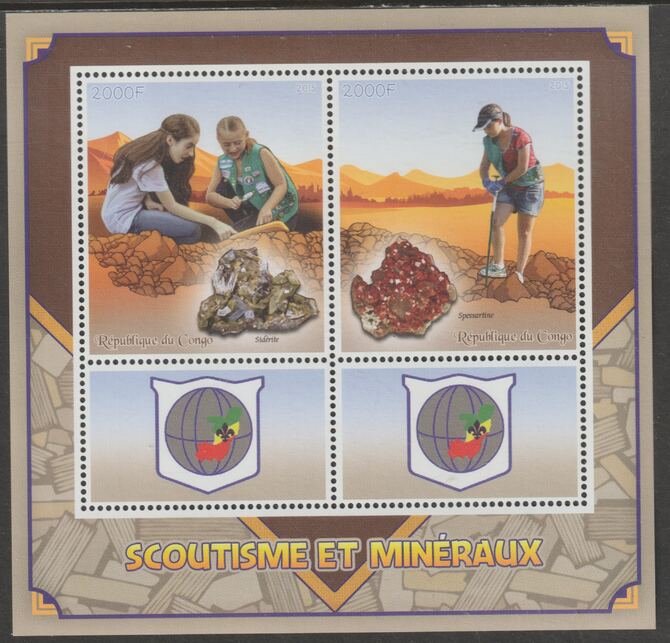 Congo 2015 Scouts & Minerals perf sheetlet containing 2 values & 2 labels unmounted mint, stamps on , stamps on  stamps on scouts, stamps on  stamps on minerals
