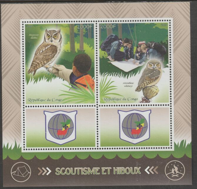 Congo 2015 Scouts & Owls perf sheetlet containing 2 values & 2 labels unmounted mint, stamps on , stamps on  stamps on scouts, stamps on  stamps on birds, stamps on  stamps on birds of prey, stamps on  stamps on owls