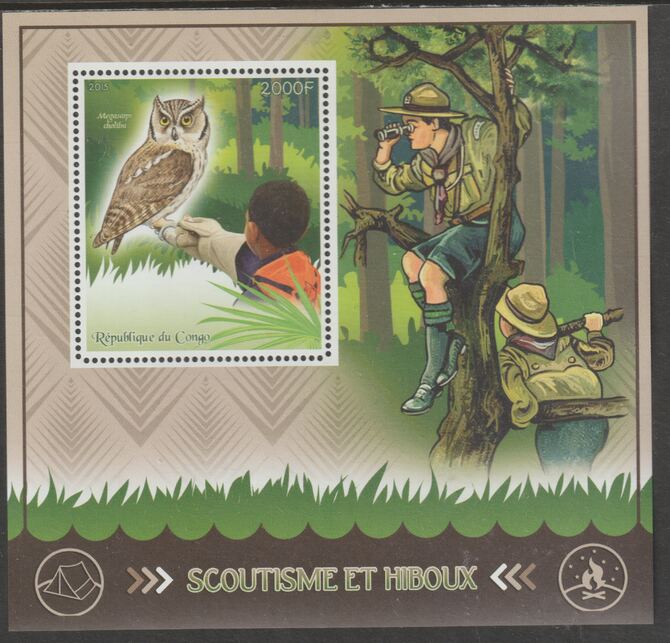 Congo 2015 Scouts & Owls perf m/sheetlet #1 containing one value unmounted mint, stamps on , stamps on  stamps on scouts, stamps on  stamps on birds, stamps on  stamps on birds of prey, stamps on  stamps on owls