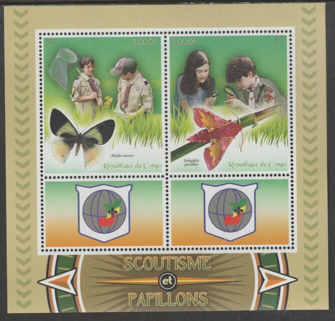 Congo 2015 Scouts & Butterflies perf sheetlet containing 2 values & 2 labels unmounted mint, stamps on scouts, stamps on butterflies