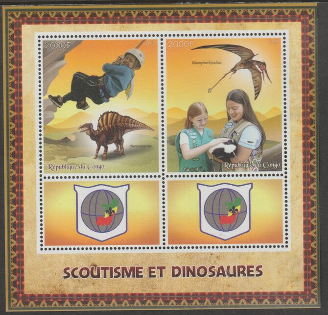 Congo 2015 Scouts & Dinosaurs perf sheetlet containing 2 values & 2 labels unmounted mint, stamps on scouts, stamps on dinosaurs