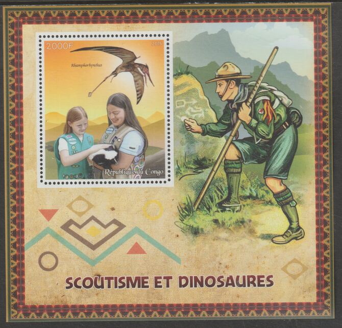 Congo 2015 Scouts & Dinosaurs perf m/sheetlet #2 containing one value unmounted mint, stamps on , stamps on  stamps on scouts, stamps on  stamps on dinosaurs