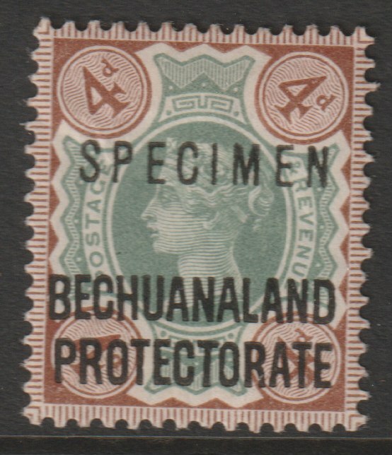 Bechuanaland 1902 Overprint on  GB 4d Jubilee overprinted SPECIMEN with gum but corner crease, only about 750 produced SG 64s, stamps on specimens
