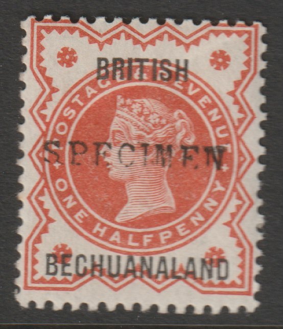 Bechuanaland 1888 Overprint on  GB 1/2d Jubilee handstamped SPECIMEN (type SA5) with gum but creased, only 345 produced SG 9s, stamps on specimens