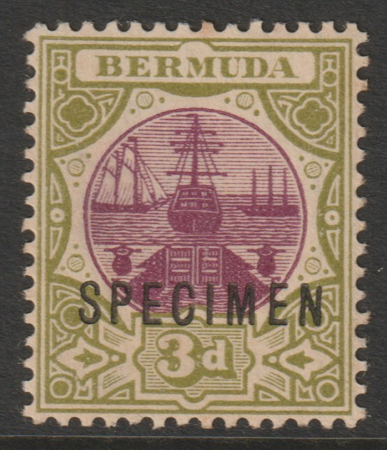 Bermuda 1902 Dry Dock 3d overprinted SPECIMEN with gum but light overall toning, only about 750 produced SG 33s, stamps on specimens