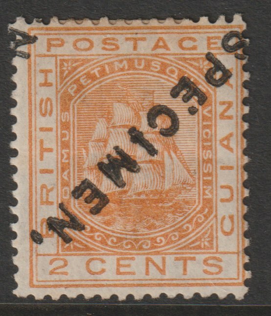 British Guiana 1876 Ship Type 2c orange handstamped SPECIMEN diagonally, with gum but slight discolouration, very scarce SG 127s, stamps on specimens