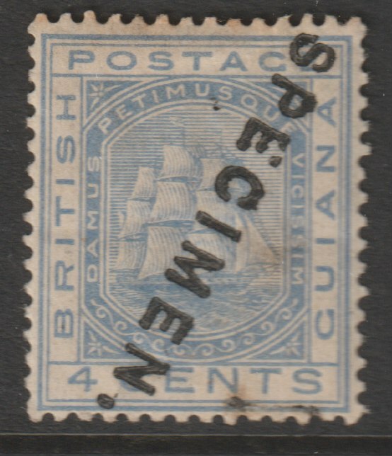 British Guiana 1876 Ship Type 4c blue handstamped SPECIMEN diagonally, with gum but some rust marks, very scarce SG 128s, stamps on specimens