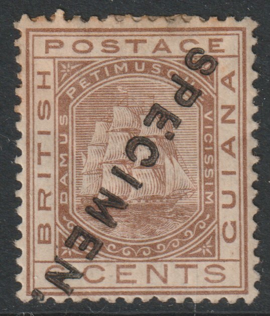 British Guiana 1876 Ship Type 6c brown handstamped SPECIMEN diagonally, with gum but heavily mounted, very scarce SG 129s, stamps on specimens