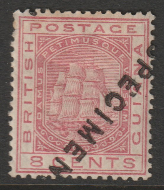 British Guiana 1876 Ship Type 8c rose handstamped SPECIMEN diagonally, with gum and very scarce SG 130s, stamps on , stamps on  stamps on specimens