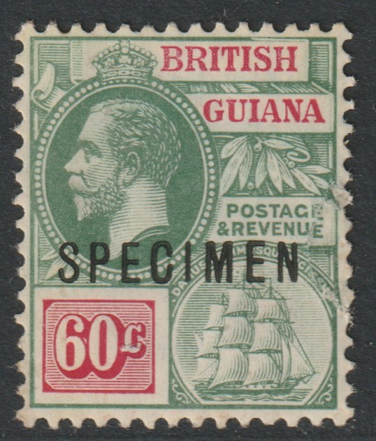 British Guiana 1921 KG5 Script 60c green & rosine overprinted SPECIMEN fine with gum and only about 400 produced SG 280s, stamps on specimens