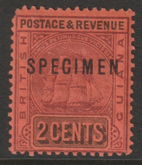 British Guiana 1900 Ship Type 2c purple & black on red overprinted SPECIMEN with gum and only about 750 produced SG 235s, stamps on specimens