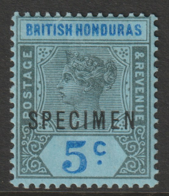 British Honduras 1891 QV Key Plate 5c grey & blue on blue overprinted SPECIMEN fine with gum and only about 750 produced SG 55s, stamps on specimens