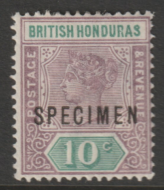 British Honduras 1891 QV Key Plate 10c mauve & green overprinted SPECIMEN fine with gum and only about 750 produced SG 57s, stamps on specimens