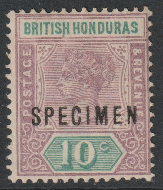 British Honduras 1891 QV Key Plate 10c mauve & green overprinted SPECIMEN without gum and only about 750 produced SG 57s, stamps on specimens