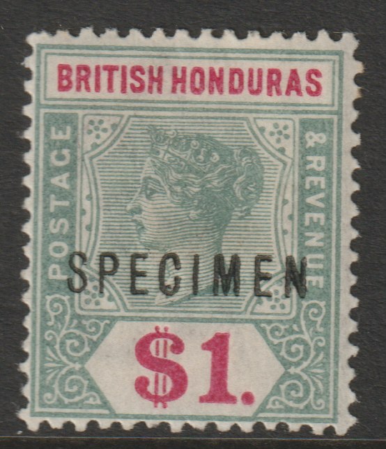 British Honduras 1891 QV Key Plate $1 green & carmine overprinted SPECIMEN fine with gum and only about 750 produced SG 63s, stamps on , stamps on  stamps on specimens