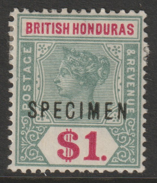 British Honduras 1891 QV Key Plate $1 green & carmine overprinted SPECIMEN fine with gum and only about 750 produced SG 63s, stamps on specimens