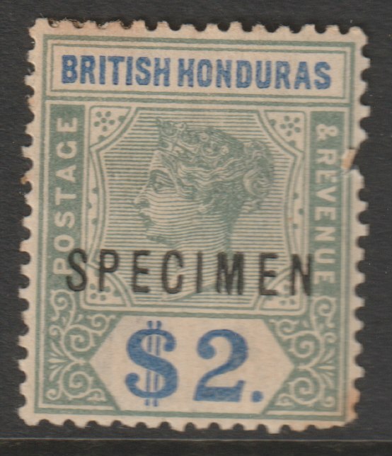 British Honduras 1891 QV Key Plate $2 green & ultramarine overprinted SPECIMEN with poor gum but only about 750 produced SG 64s, stamps on , stamps on  stamps on specimens