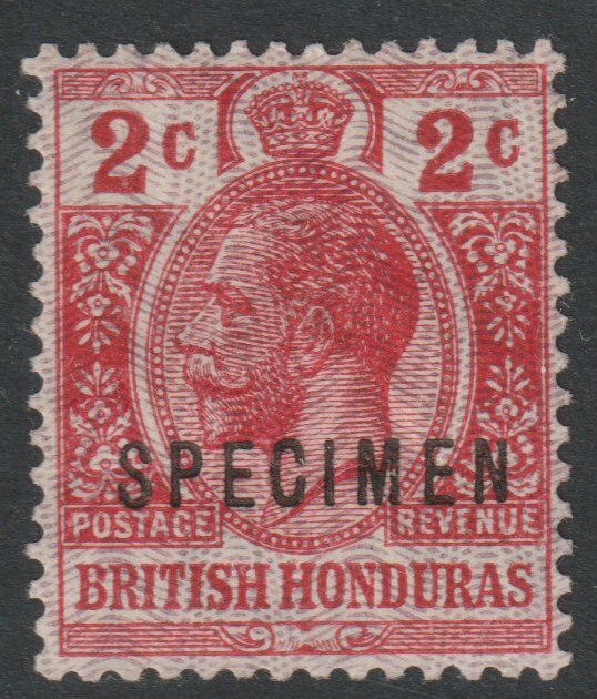 British Honduras 1915 KG5 with Moire overprint on 2c scarlet overprinted SPECIMEN with gum and only about 400 produced SG 112s, stamps on specimens
