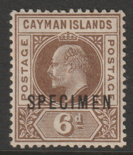 Cayman Islands 1902 KE7 Key Plate Crown CA 6d brown overprinted SPECIMEN with gum and only about 750 produced SG 6s, stamps on , stamps on  stamps on specimens