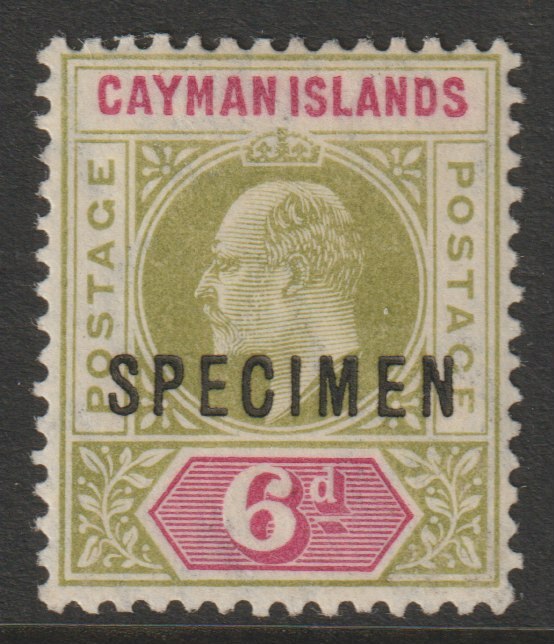 Cayman Islands 1907 KE7 Key Plate MCA 6d olive & rose overprinted SPECIMEN with gum and only about 750 produced SG 14s, stamps on , stamps on  stamps on specimens