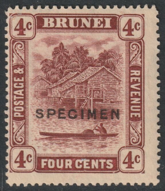 Brunei 1924 River Scene Multiple Script 4c maroon overprinted SPECIMEN with gum and only about 400 produced SG 64s, stamps on specimens