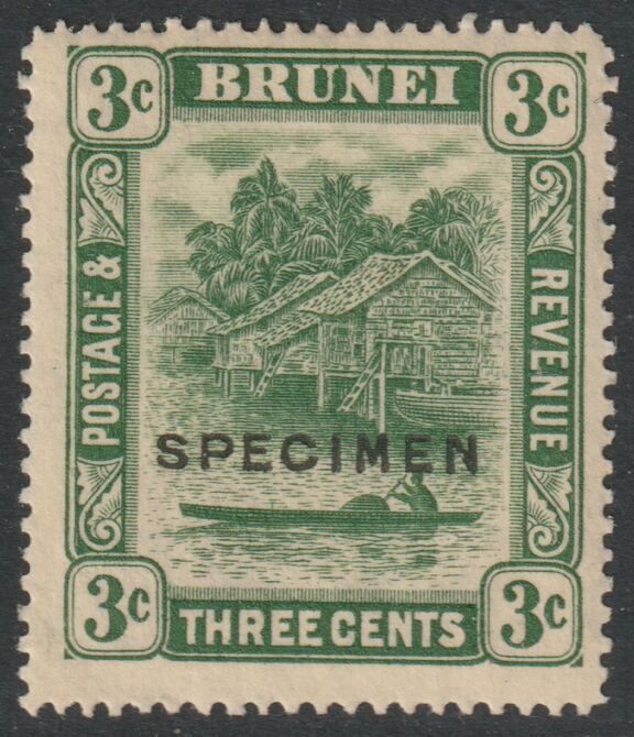 Brunei 1924 River Scene Multiple Script 3c green overprinted SPECIMEN with gum and only about 400 produced SG 63s, stamps on , stamps on  stamps on specimens