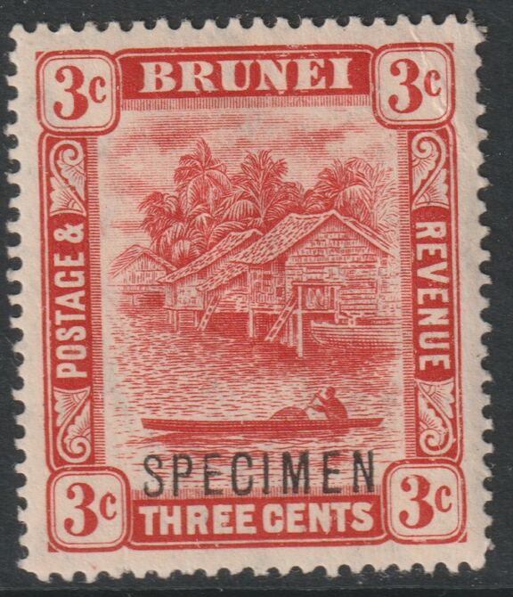 Brunei 1908 River Scene MCA 3c scarlet overprinted SPECIMEN with gum and only about 400 produced SG 37s, stamps on , stamps on  stamps on specimens