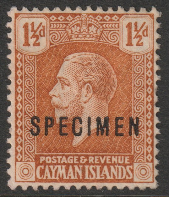 Cayman Islands 1921 KG5 1.5d orange-brown overprinted SPECIMEN fine with gum and only about 400 produced SG 72s, stamps on specimens