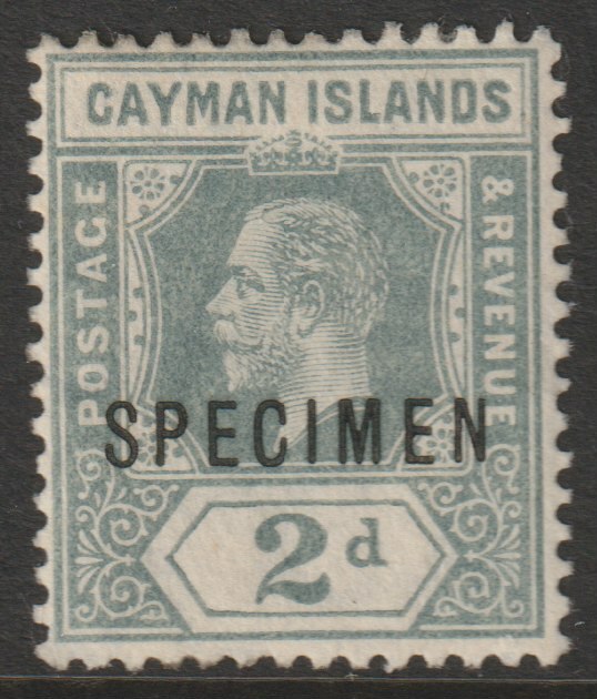 Cayman Islands 1912 KG5 Crown CA 2d grey overprinted SPECIMEN very fine with gum and only about 400 produced SG 43s, stamps on specimens