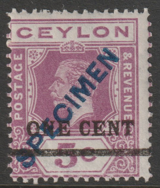 Ceylon 1918 KG5 War Stamp 2c orange overprinted SPECIMEN (type CE4 applied diagonally in red) very fine with gum and only about 400 produced SG 330s, stamps on specimens