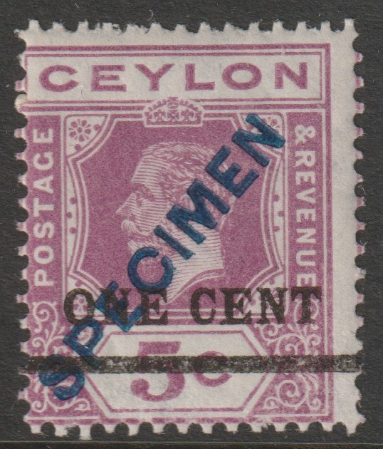 Ceylon 1918 KG5 War Stamp 2c orange overprinted SPECIMEN (type CE4 applied diagonally in red) very fine with gum and only about 400 produced SG 330s, stamps on , stamps on  stamps on specimens