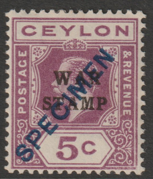 Ceylon 1918 KG5 War Stamp 5c purple overprinted SPECIMEN (type CE4 applied diagonally in blue) very fine with gum and only about 400 produced SG 333s, stamps on specimens