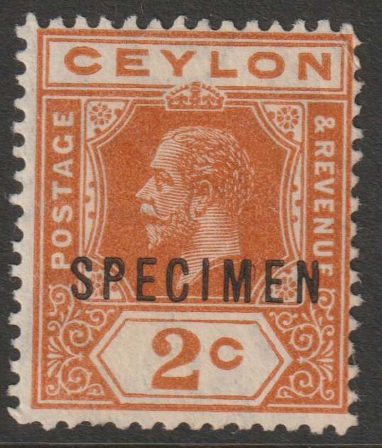 Ceylon 1912 KG5 MCA 2c brown-orange overprinted SPECIMEN without gum and only about 400 produced SG 307s, stamps on , stamps on  stamps on specimens