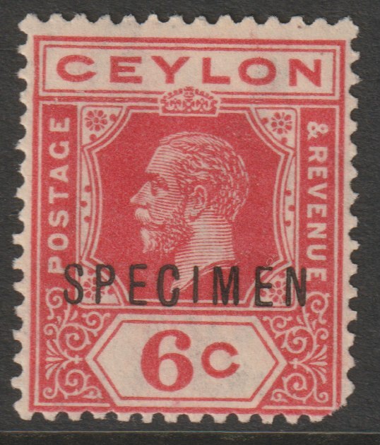 Ceylon 1921 KG5 Multiple Script 6c scarlet overprinted SPECIMEN with  gum but damaged corner, only about 400 produced SG 342s, stamps on specimens