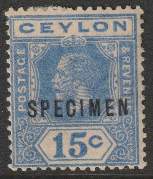 Ceylon 1921 KG5 Multiple Script 15c blue overprinted SPECIMEN with gum and only about 400 produced SG 348s, stamps on , stamps on  stamps on specimens