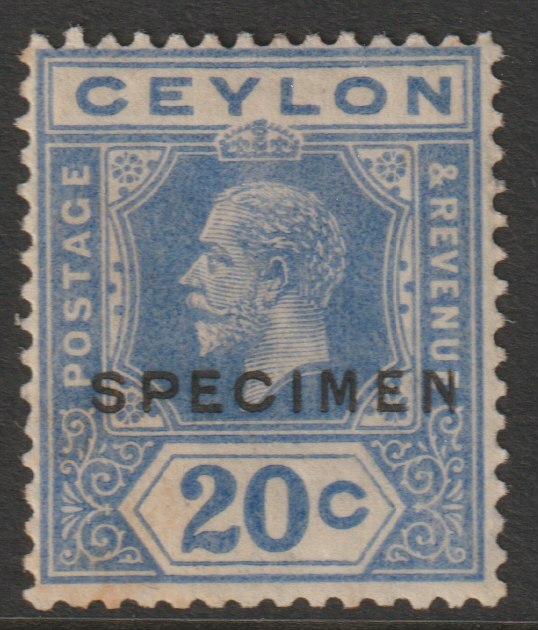Ceylon 1921 KG5 Multiple Script 20c blue overprinted SPECIMEN with gum and only about 400 produced SG 350s, stamps on specimens