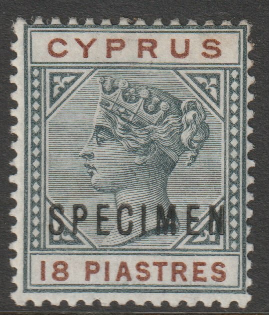 Cyprus 1894 QV Key Plate 18pi overprinted SPECIMEN with gum and only about 750 produced SG 48s, stamps on , stamps on  stamps on specimens