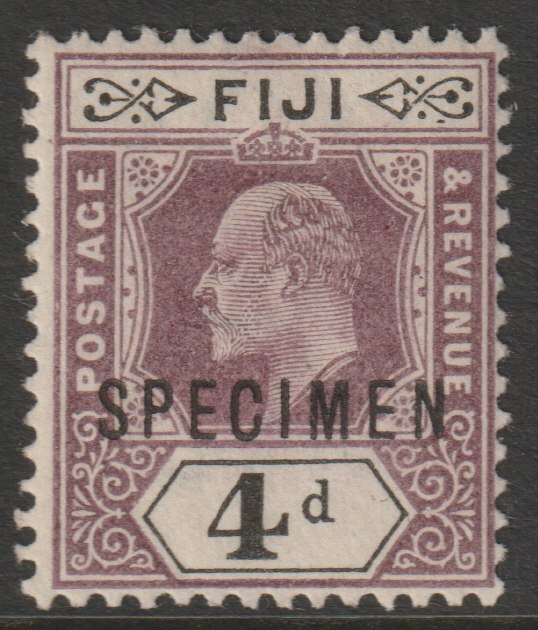 Fiji 1903 KE7 Key Plate Crown CA 4d overprinted SPECIMEN with gum and only about 750 produced SG 109s, stamps on , stamps on  stamps on specimens