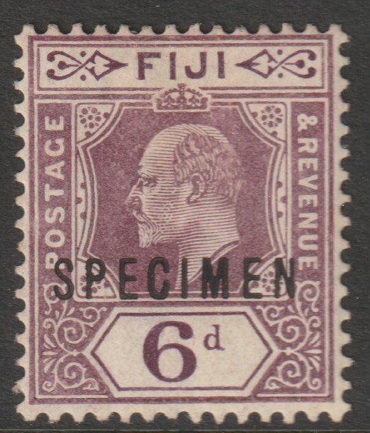 Fiji 1906 KE7 Key Plate MCA 6d overprinted SPECIMEN with gum but ink mark on gum side, only about 750 produced SG 121s, stamps on specimens