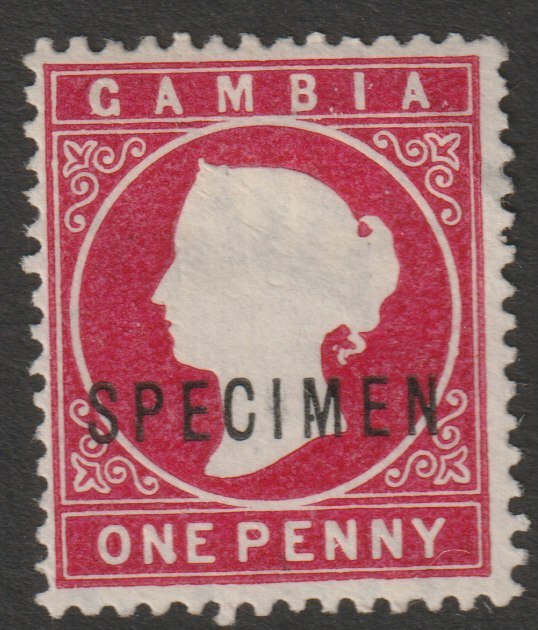 Gambia 1886 QV Cameo 1d overprinted SPECIMEN without gum but beautiful colour, only about 750 produced SG 23s, stamps on specimens