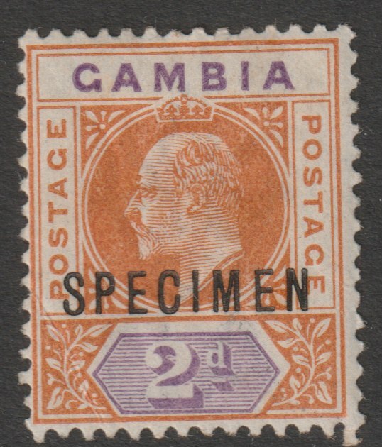 Gambia 1903 KE7 Crown CA Key Plate 2d overprinted SPECIMEN with gum and only about 750 produced SG 47s, stamps on specimens