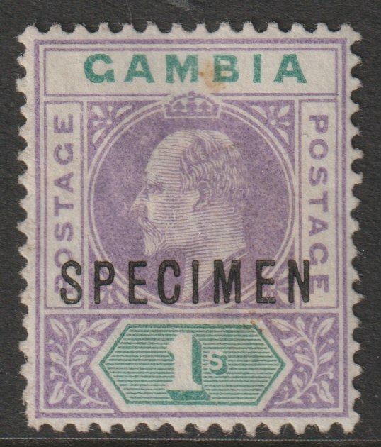 Gambia 1903 KE7 Crown CA Key Plate 1s overprinted SPECIMEN part original gum, only about 750 produced SG 52s, stamps on specimens