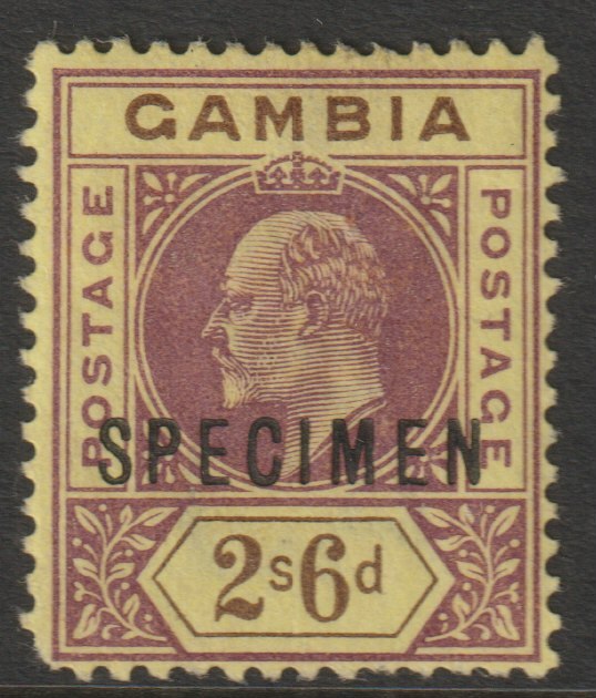 Gambia 1903 KE7 Crown CA Key Plate 2s6d overprinted SPECIMEN with gum but rounded corner, only about 750 produced SG 55s, stamps on specimens