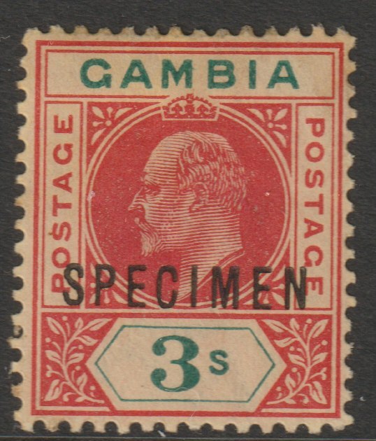 Gambia 1903 KE7 Crown CA Key Plate 3s overprinted SPECIMEN without gum and toned but only about 750 produced SG 56s, stamps on specimens
