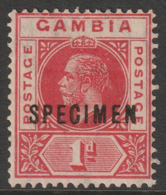 Gambia 1909 KE7 MCA Key Plate 1d overprinted SPECIMEN with gum and only about 400 produced SG 73s, stamps on specimens