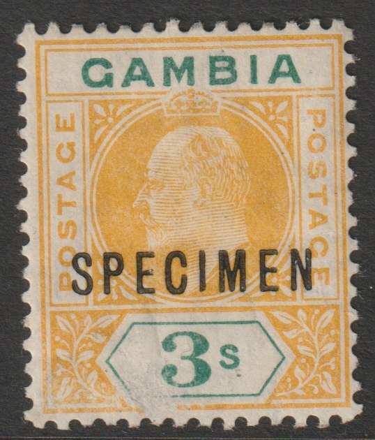 Gambia 1909 KE7 MCA Key Plate 3s overprinted SPECIMEN with gum and only about 400 produced SG 85s, stamps on specimens