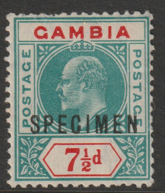 Gambia 1904 KE7 MCA Key Plate 7.5d overprinted SPECIMEN with gum and only about 750 produced SG 85s, stamps on specimens