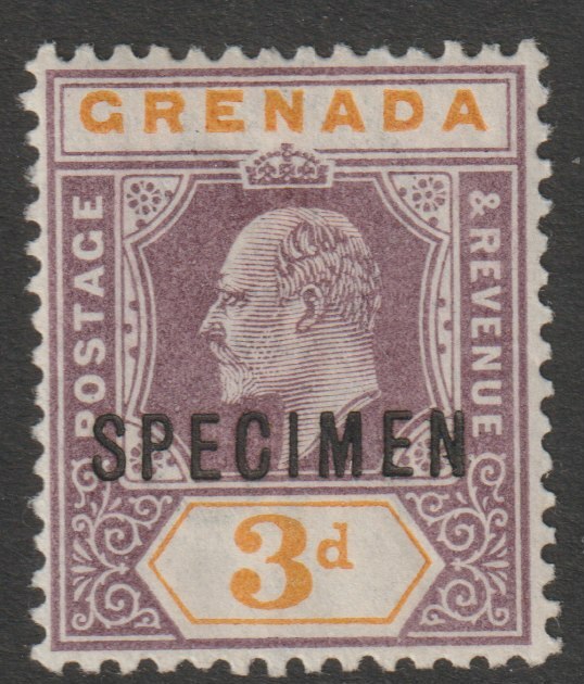 Grenada 1902 KE7 Crown CA Key Plate 3d overprinted SPECIMEN fine with gum and only about 750 produced SG 61s, stamps on specimens