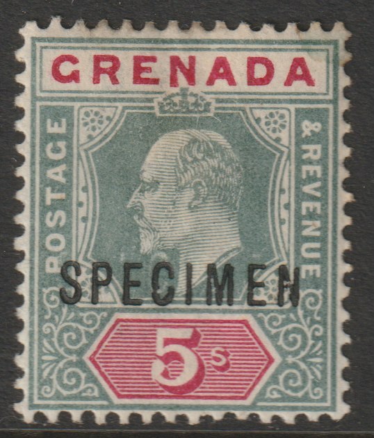 Grenada 1902 KE7 Crown CA Key Plate 5s overprinted SPECIMEN with gum but hinge staining, only about 750 produced SG 65s, stamps on specimens