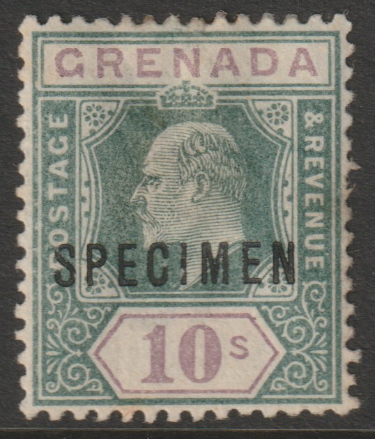 Grenada 1902 KE7 Crown CA Key Plate 10s overprinted SPECIMEN with gum but hinge staining, only about 750 produced SG 66s, stamps on specimens